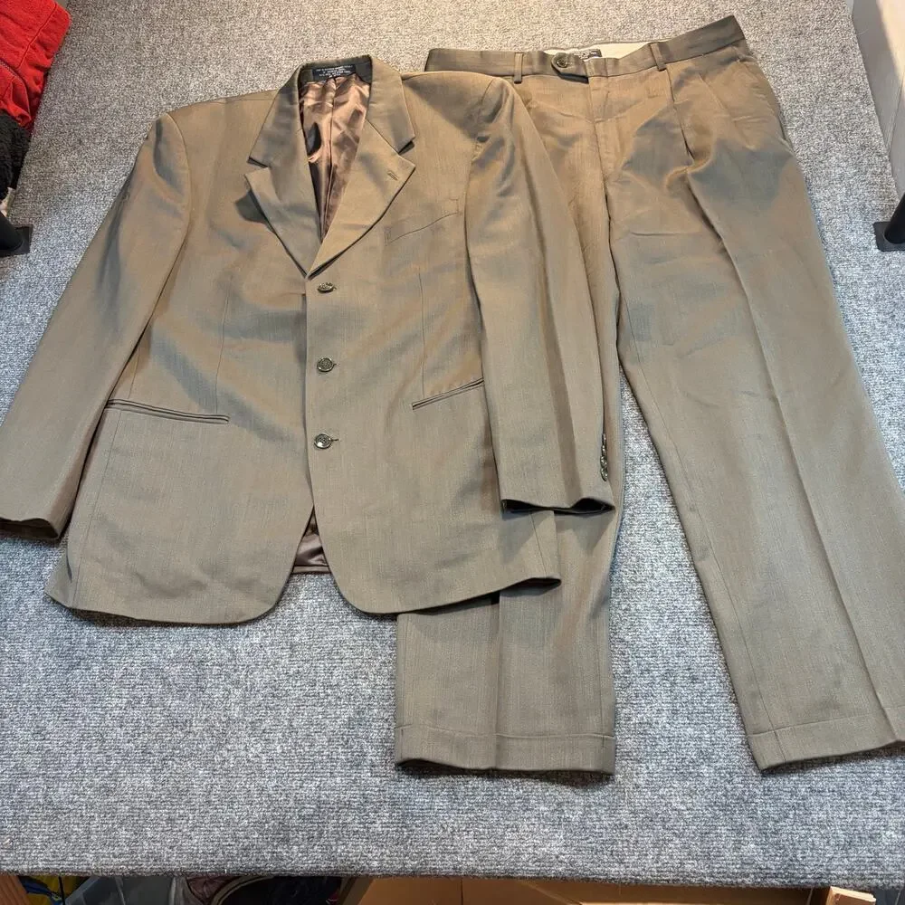 Albert Nipon Golden Fil Wool Suit Mens 42R Taupe Brown 2 Piece Set Blazer Pants